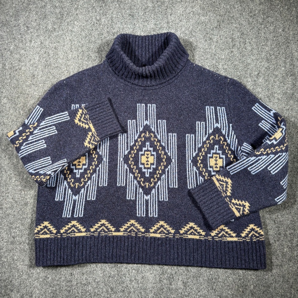 We Norwegians Ski Turtleneck Sweater Womens Small Fair Isle Navy Blue Oversized